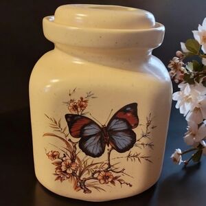 Vtg Treasure Craft Ceramic Canister Butterfly Flower Cookie Jar Speckled Glaze